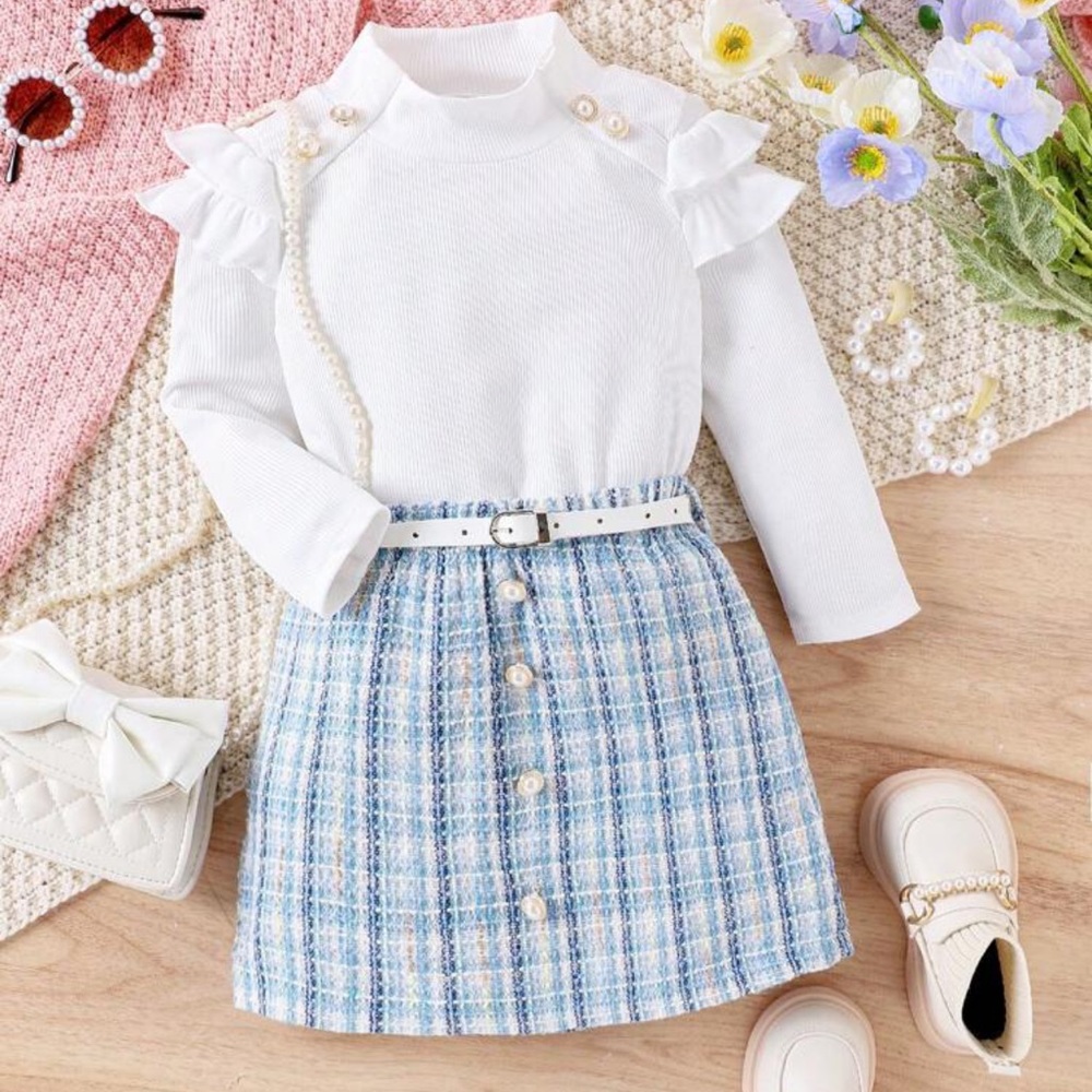 Shein matching blue tweed skirt and white top with gold buttons 5T with belt